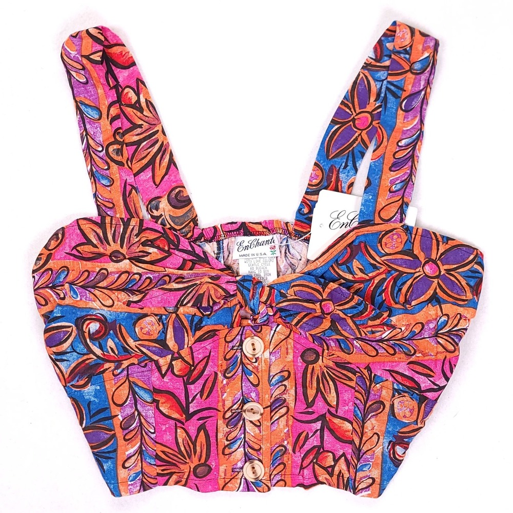 Vintage En Chante Floral Crop Top 1993 Deadstock Pink Orange Blue Womens Medium